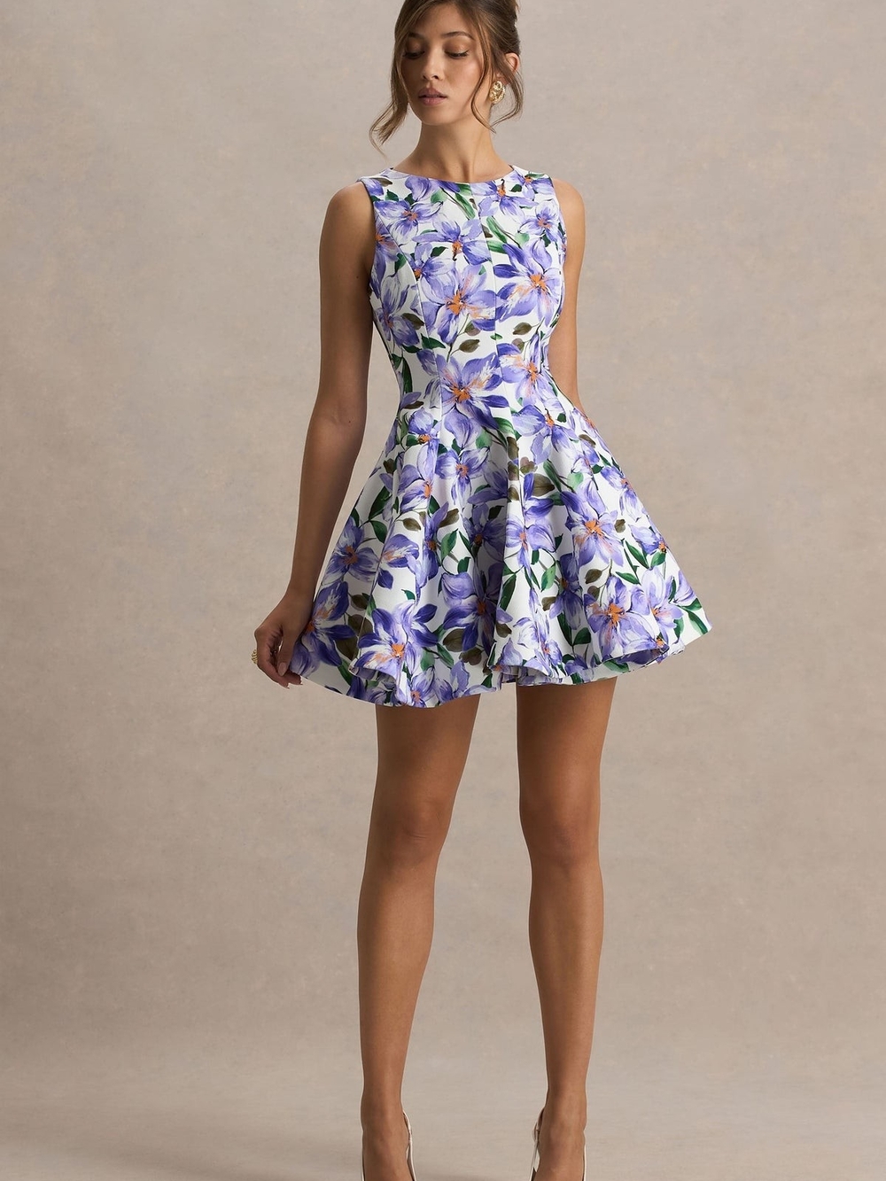 Floral Fit & Flare Mini Dress in Purple and White Size UK 8 US4